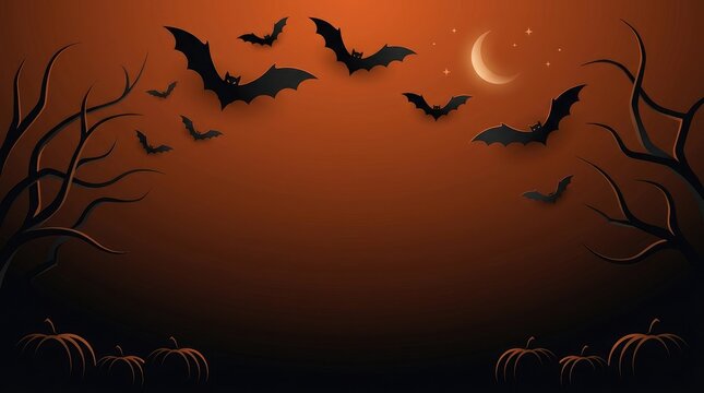 Halloween paper cut background with bats, crescent moon, and copy space