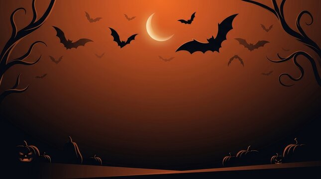 Spooky Halloween vector banner with bats, crescent moon, and jack o lanterns