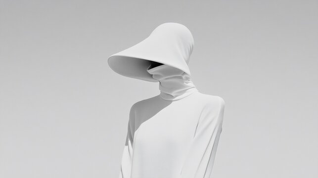 White-clad figure with unusual headwear stands against a bright, empty sky