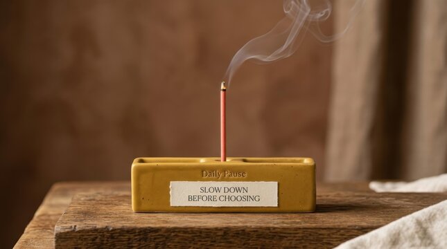 Minimalist burning incense stick on yellow ceramic holder with slow down before choosing message text on wooden table for meditation and mindfulness practice in a peaceful home interior environments.
