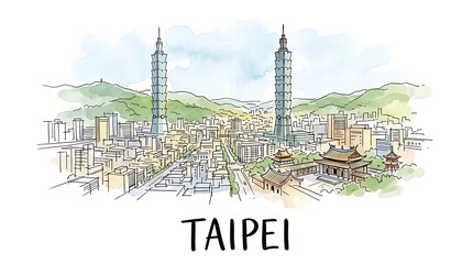 Fototapeta premium Stylized watercolor illustration of Taipei cityscape featuring iconic Taipei 101 towers and traditional temples amidst lush