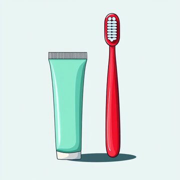 red toothbrush and mint green toothpaste tube standing side by side on a pale background, evoking cleanliness and freshness
