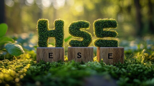 Moss-covered letters H S E perched on wooden blocks on a sunlit mossy forest floor, evoking calm, eco-friendly harmony
