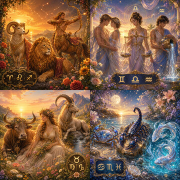 set of zodiac figurative signs in groups of elements - water, fire, air, earth