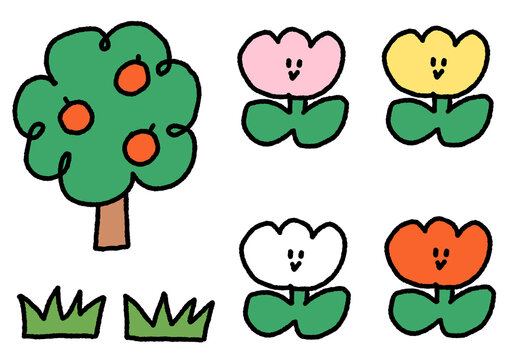 set of trees and flowers