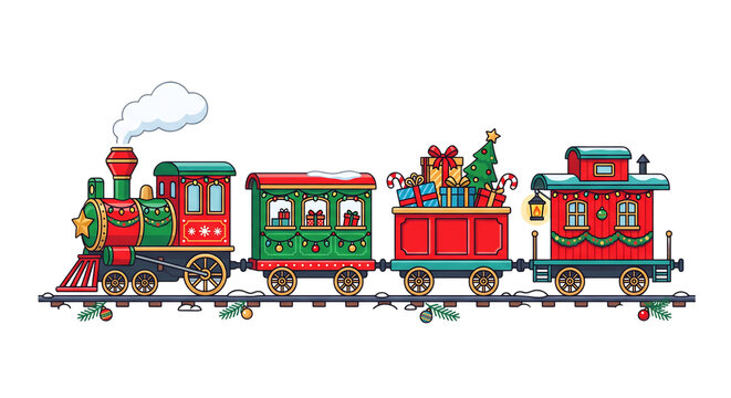 Charming Christmas train illustration with a decorated locomotive, gift cars, and a caboose on snowy tracks