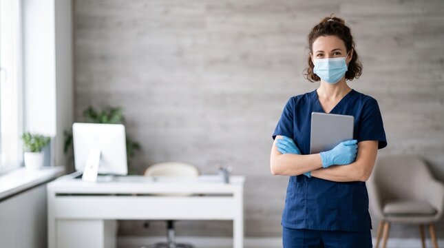 Confident female healthcare professional wearing scrubs, mask and gloves while holding a tablet in a modern clinic