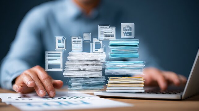Professional office worker manages digital document archives using glowing holographic interface technology on a modern desk with blurred corporate background