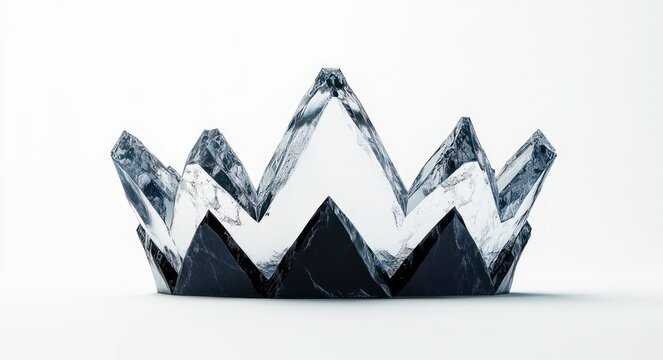 black and white marble crown with jagged geometric peaks on a white surface, minimalist isolated object conveying cold regal elegance and austere luxury
