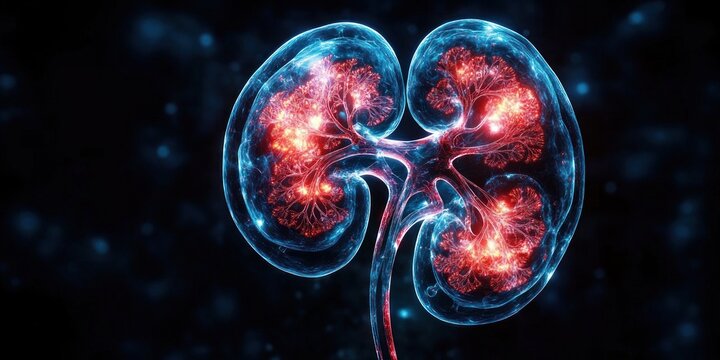 Glowing translucent kidneys with illuminated nephrons and connecting ureter in neon blue and red on a dark background, a vibrant futuristic biomedical visualization