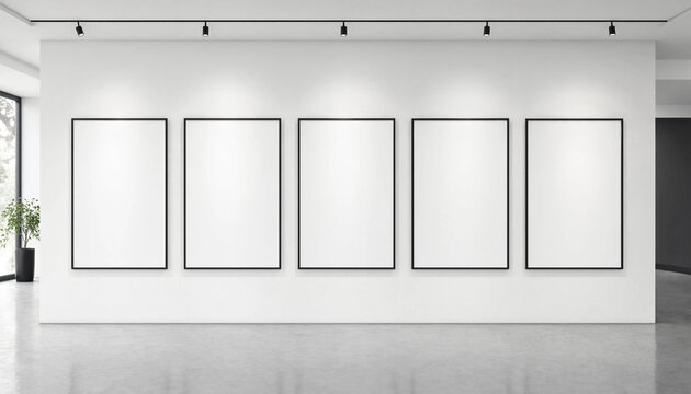 Five empty rectangular picture frames hanging on a white wall in a modern art gallery interior