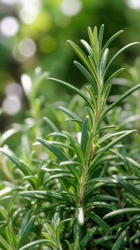 Close up of fresh green rosemary herb plant with natural sunlight and blurred background
