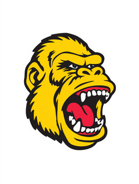 An angry yellow gorilla head logo featuring a screaming open mouth, sharp red fangs, bold black outlines, and a vibrant cartoon pop art style isolated on a plain background.