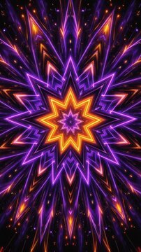 Vibrant glowing neon star mandala with purple and orange light effects in symmetrical abstract design