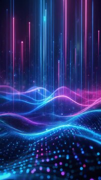 Futuristic digital landscape with glowing neon light waves and vertical light beams in blue and pink
