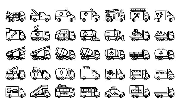 Utility and service vehicle outline vector icons for delivery construction emergency and commercial transport
