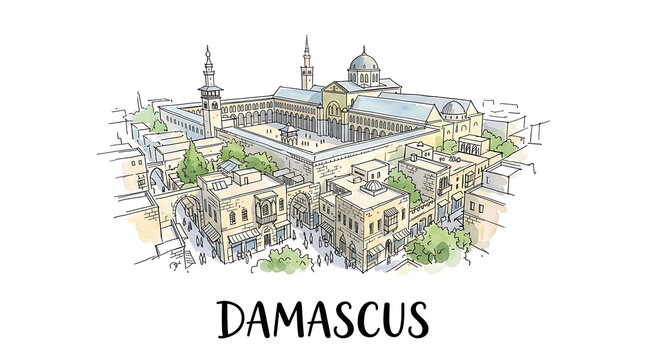 Line art illustration of historic Damascus cityscape showcasing ancient architecture and bustling streets