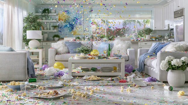 Celebration Aftermath in a Lively House Filled With Colorful Remnants