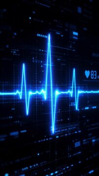 Blue digital heartbeat line on dark futuristic medical technology background monitoring health and vital signs