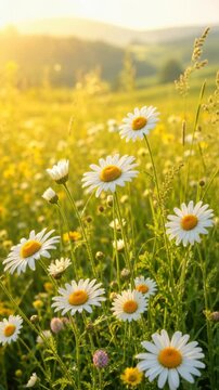 Beautiful blooming daisies in a sunny green meadow with soft sunlight and natural wildflowers