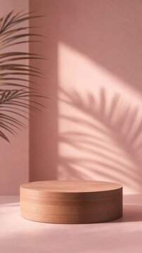 Minimalist wooden display podium with tropical palm shadows on pink pastel background for product presentation