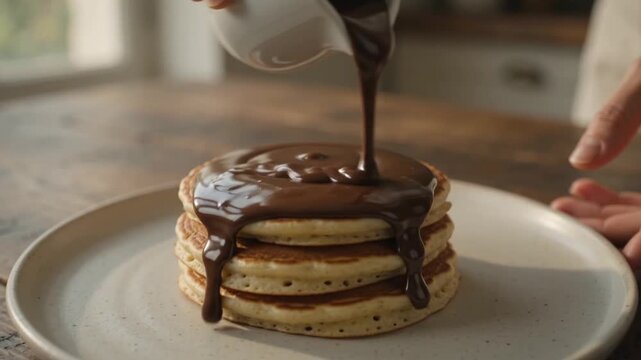 Rich chocolate sauce being poured over a stack of fluffy pancakes on a ceramic plate, ready for a delicious breakfast.
