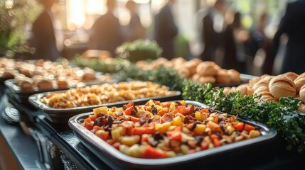 Obraz premium Colorful buffet spread of roasted and diced vegetables with mixed salads and bread rolls on a long table, leafy garnishes and warm lighting with blurred guests creating an inviting festive atmosphere