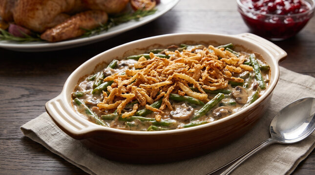 Green bean casserole served in a baking dish on a wooden table  