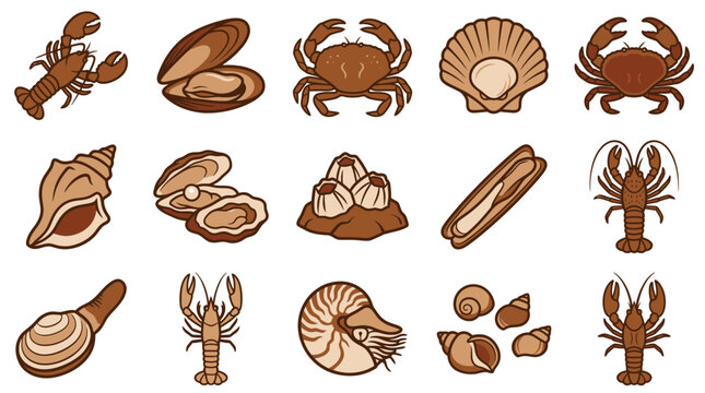 Set of 15 Seafood and Marine Life Icons with Crab, Lobster, Oyster, and Shellfish Illustration