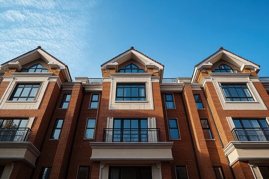 Sunlit red brick townhouse facade with three gabled roofs, large windows and balconies under a clear blue sky, bright and inviting