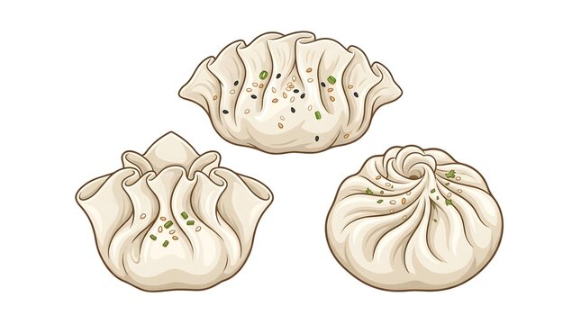 Set of vector illustrations depicting different types of traditional Chinese dumplings, including gyoza, shumai, and baozi dim sum
