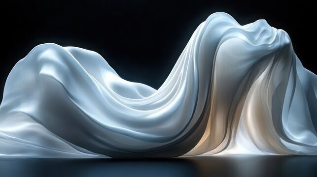 Ethereal flowing silk draped in creamy and blue folds on a glossy black surface, a serene elegant abstract fabric sculpture with soft luminous highlights