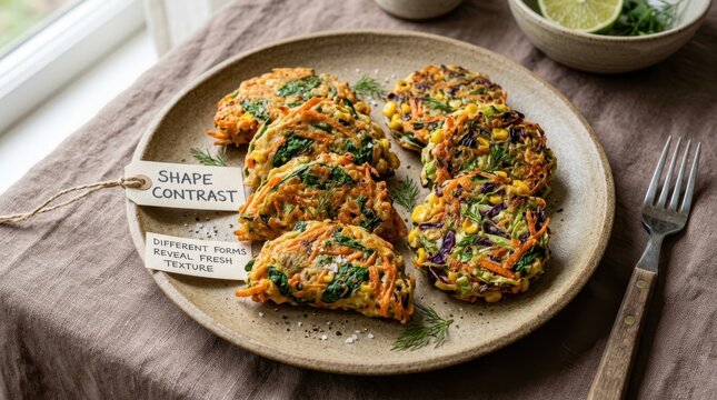 Crispy vegetable fritters arranged on a rustic plate with carrot and spinach ingredients, showcasing healthy homemade appetizers that are ideal for vegetarian lifestyle content and recipe books daily.