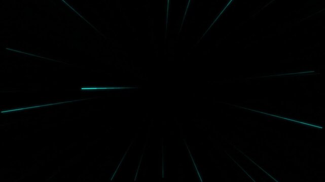 3D hyperspace warp speed travel with glowing cyan star streaks zooming on black background motion graphic loop