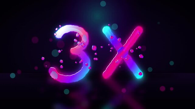 Glowing 3x video neon symbol with pink and blue particle effects