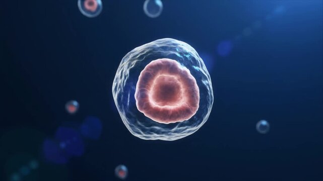 Detailed close-up of a translucent biological cell with visible membrane and internal structures. Suitable for cell biology, medical education, biotechnology, research, and healthcare content.
