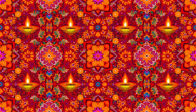 Vibrant seamless pattern featuring traditional Indian motifs and glowing diyas, celebrating Diwali festival of lights with rich cultural designs.
