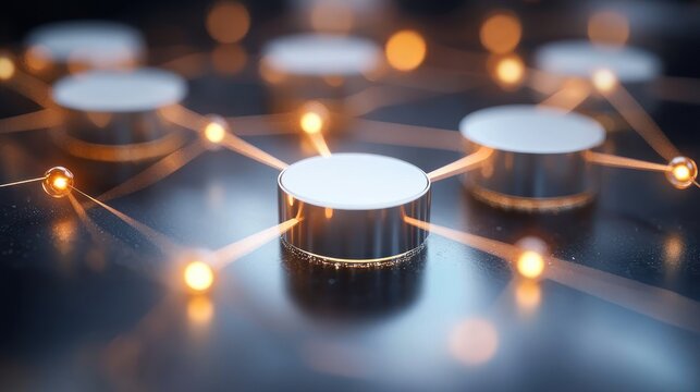 Close-up of metallic disc network hubs linked by glowing orange lines and small light nodes on a dark reflective surface, evoking a sleek futuristic sense of connectivity and precision