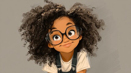Obraz premium Happy young girl with voluminous curly brown hair and oversized black glasses looks upward in this charming digital art illustration