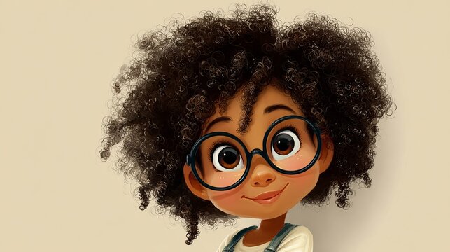 Young girl with voluminous curly brown hair and thick round glasses smiling brightly in a charming digital artistic style portrait