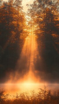 golden sunlight beams pierce a misty forest over a glowing pond with tall trees and grasses, creating a serene and mystical morning atmosphere