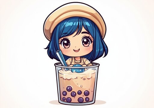 cheerful chibi girl with blue hair and beige beret sitting in a glass of bubble tea with boba pearls and a straw, smiling playfully