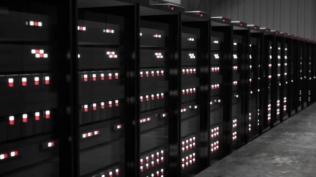 Camera moving in data center showing server equipment with flickering light indicators, close up view. realistic 3D render animation.