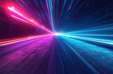 Fototapeta premium neon-lit asphalt road with converging blue and pink light trails forming a tunnel-like vanishing point, conveying high-speed exhilaration and futuristic motion