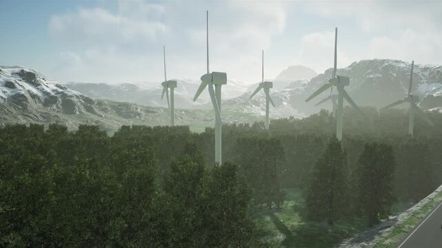 High-angle view of a white modern electric vehicle driving along a highway next to a lush green forest with large wind energy turbines 3D Concept.