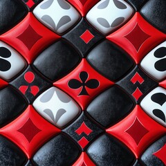 Naklejka premium glossy quilted red, black and white tiles embossed with playing card suit symbols forming a luxurious, playful geometric pattern