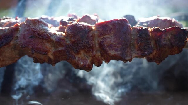 Close-up of a skewer of barbecued steak