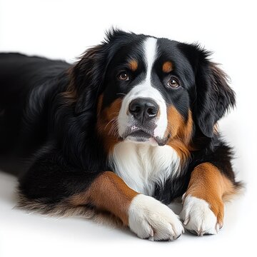 gentle tricolor bernese mountain dog lying on white background with expressive eyes and relaxed pose