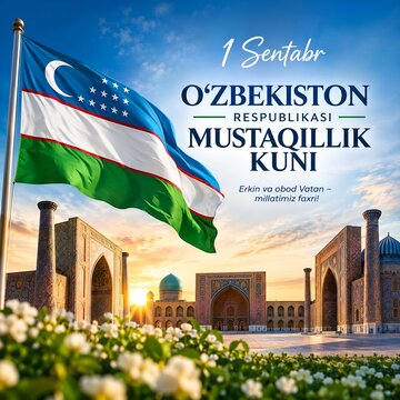 Uzbekistan independence day flag with historic architecture
