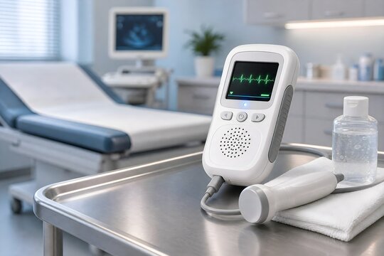 Handheld Fetal Doppler Monitor with Ultrasound Probe in a Prenatal Examination Room